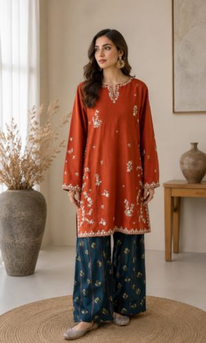 Autumn Grace Lawn Suit by Liyana – 2PC Embroidered Lawn Suit in Rust Orange