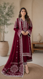 Burgundy 3PC embroidered suit with embroidered shirt, embroidered trouser and Monark digital printed dupatta by Liyana Pakistan