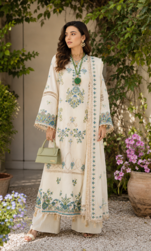Ivory Bloom 3PC Chikankari Embroidered Suit by Liyana – Premium Cotton & Chiffon Women’s Suit