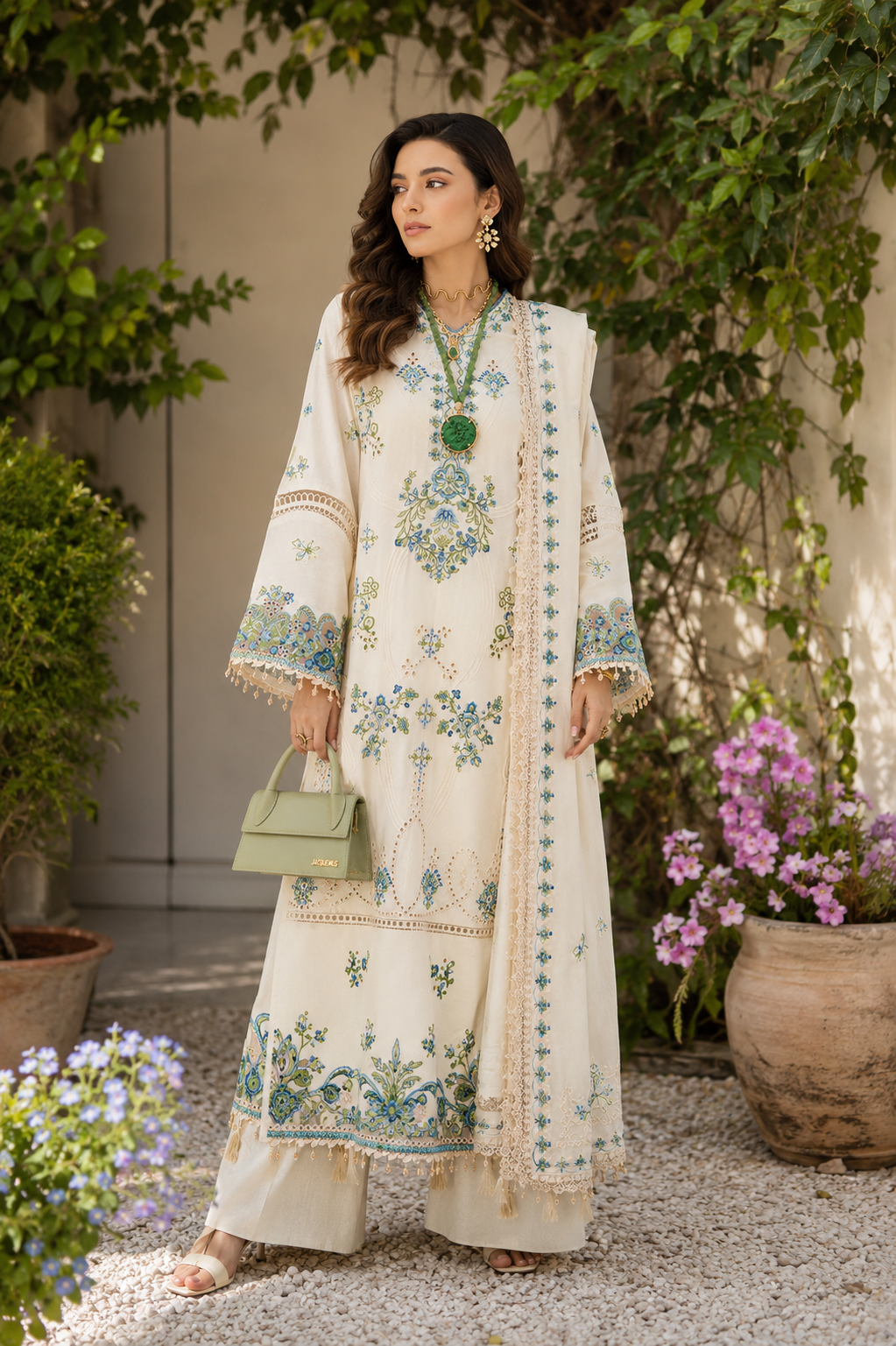 IMG_5749 Ivory Bloom 3PC Chikankari Embroidered Suit by Liyana – Premium Cotton & Chiffon Women’s Suit
