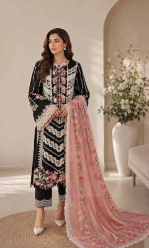 Midnight Blossom 3PC Embroidered Suit by Liyana – Black Embroidered Women’s Suit