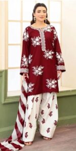 ROSE 3PC embroidered suit with premium lawn fabric, printed trousers, and a striped chiffon dupatta.
