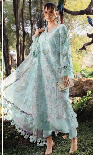 Butterfly Bloom 3PC Embroidered Lawn Suit by Liyana – Mint Green Embroidered Lawn Suit
