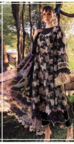 Butterfly Bloom 3PC Embroidered Lawn Suit by Liyana – black Embroidered Lawn Suit