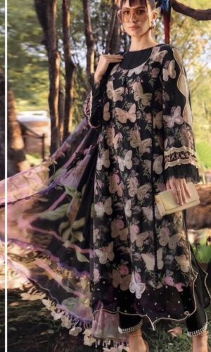 Butterfly Bloom 3PC Embroidered Lawn Suit by Liyana – black Embroidered Lawn Suit