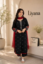 Noir Bloom 3PC Embroidered Suit by Liyana – Black Embroidered Women’s Suit