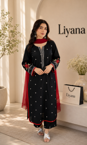 Noir Bloom 3PC Embroidered Suit by Liyana – Black Embroidered Women’s Suit