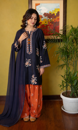 Midnight Blossom Cotton Suit by Liyana – Premium 3PC Embroidered Cotton Suit with Embroidered Dyed Trouser and Plain Chiffon Dupatta