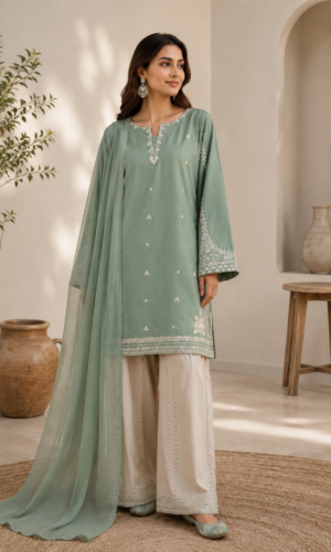 Sage Serenity Embroidered Suit by Liyana – Premium 3PC Sage Green Embroidered Suit with Embroidered Wide-Leg Trouser and Plain Chiffon Dupatta