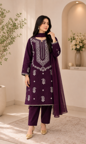 Royal Plum Lawn Suit by Liyana – 3PC Embroidered Lawn Suit with Plain Chiffon Dupatta