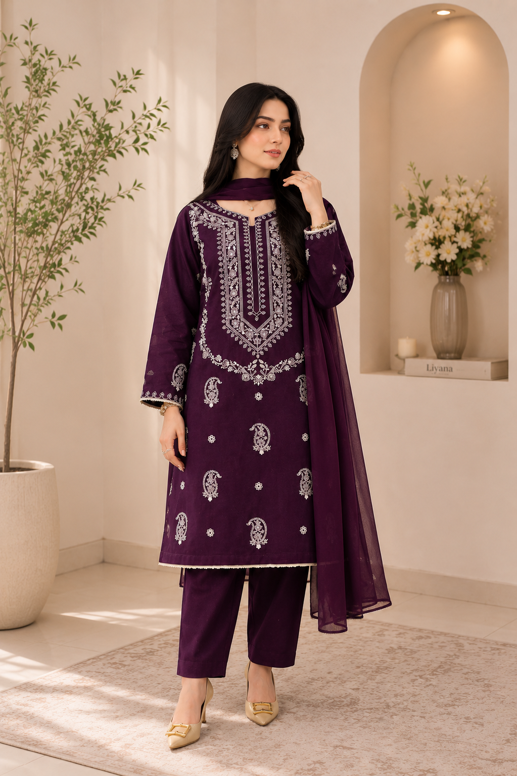 IMG_6758 Royal Plum Lawn Suit by Liyana – 3PC Embroidered Lawn Suit with Plain Chiffon Dupatta
