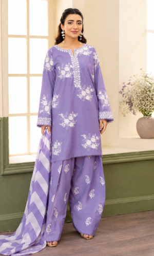 Lavender Bloom Lawn Suit by Liyana – Premium 3PC Embroidered Lawn Suit with Printed Trousers and Striped Chiffon Dupatta