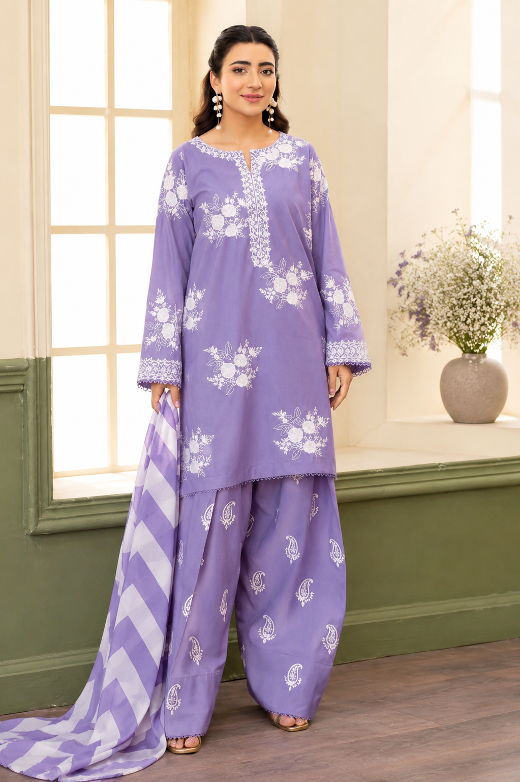 IMG_6766 Lavender Bloom Lawn Suit by Liyana – Premium 3PC Embroidered Lawn Suit with Printed Trousers and Striped Chiffon Dupatta