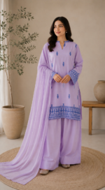 Lavender Grace Embroidered Suit by Liyana – Premium 3PC Lavender Embroidered Suit with Matching Wide-Leg Trouser and Plain Chiffon Dupatta