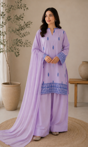 Lavender Grace Embroidered Suit by Liyana – Premium 3PC Lavender Embroidered Suit with Matching Wide-Leg Trouser and Plain Chiffon Dupatta