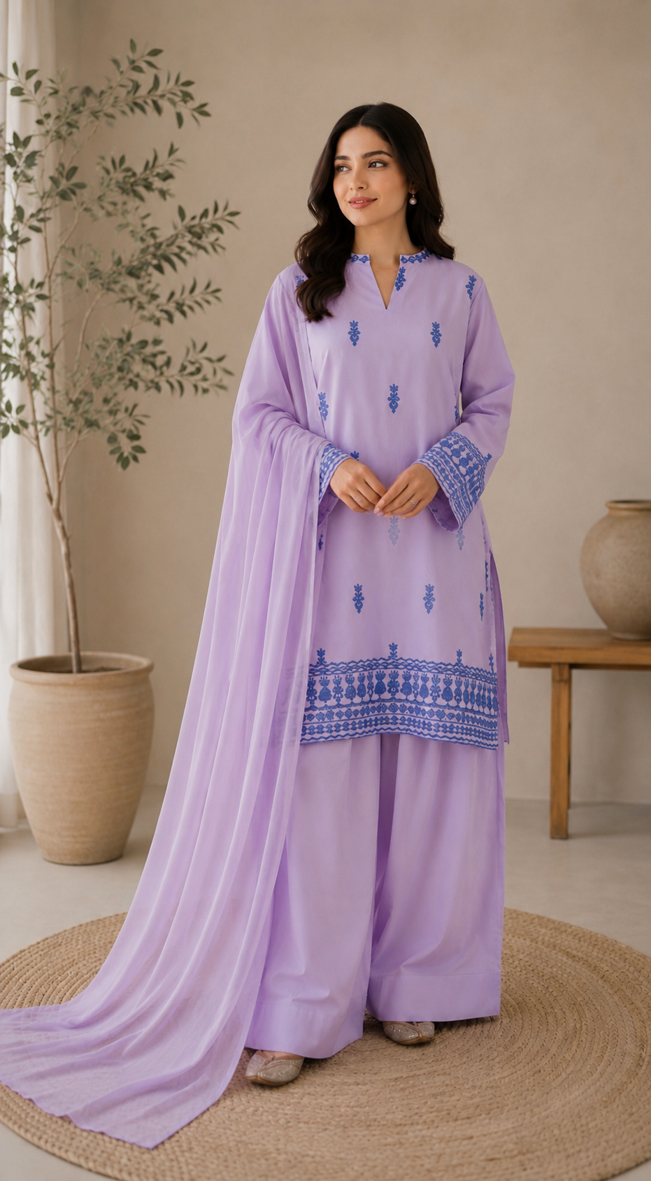 IMG_6772 Lavender Grace Embroidered Suit by Liyana – Premium 3PC Lavender Embroidered Suit with Matching Wide-Leg Trouser and Plain Chiffon Dupatta
