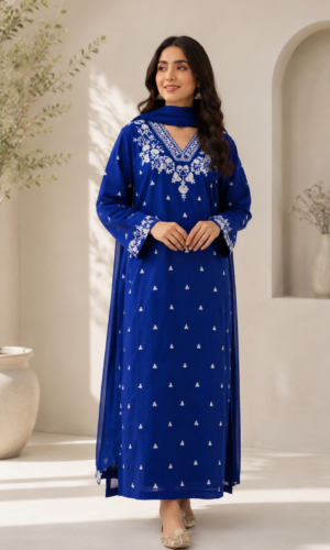 Royal Blue Embroidered 3 Piece Suit by Liyana with embroidered shirt, matching embroidered trouser and plain chiffon dupatta