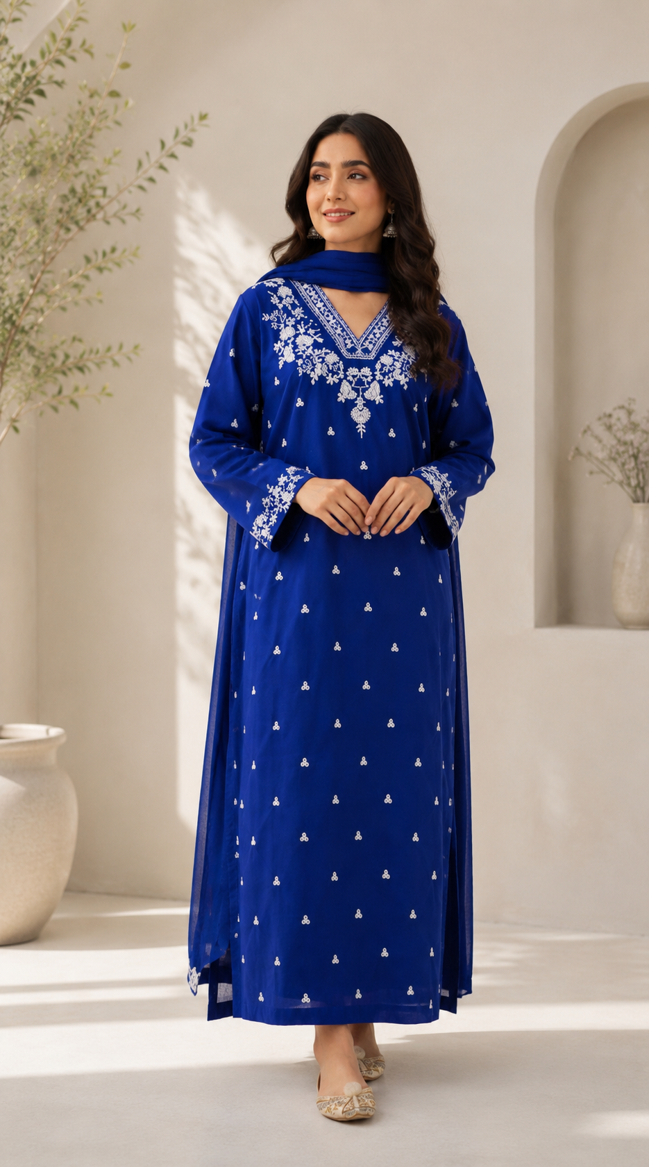 IMG_6774 Royal Blue Embroidered 3 Piece Suit by Liyana with embroidered shirt, matching embroidered trouser and plain chiffon dupatta