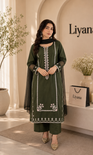Emerald Grace Lawn Suit by Liyana – Premium 3PC embroidered lawn suit in emerald green with plain chiffon dupatta