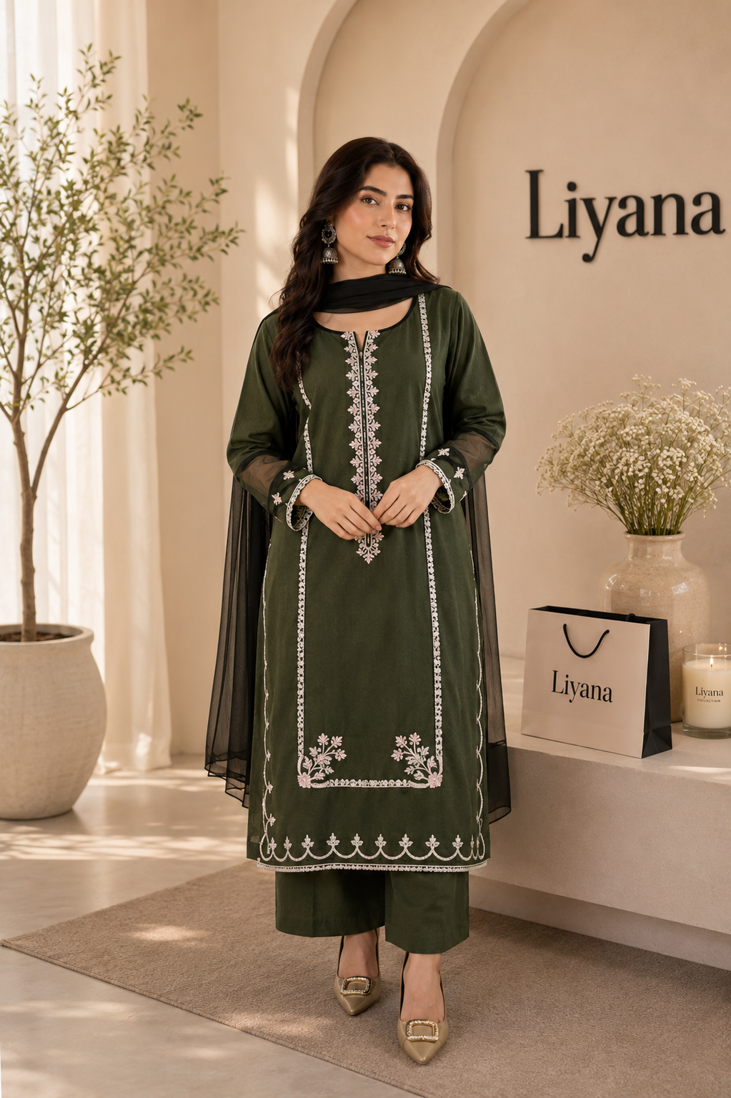IMG_6755 (1) Emerald Grace Lawn Suit by Liyana – Premium 3PC embroidered lawn suit in emerald green with plain chiffon dupatta